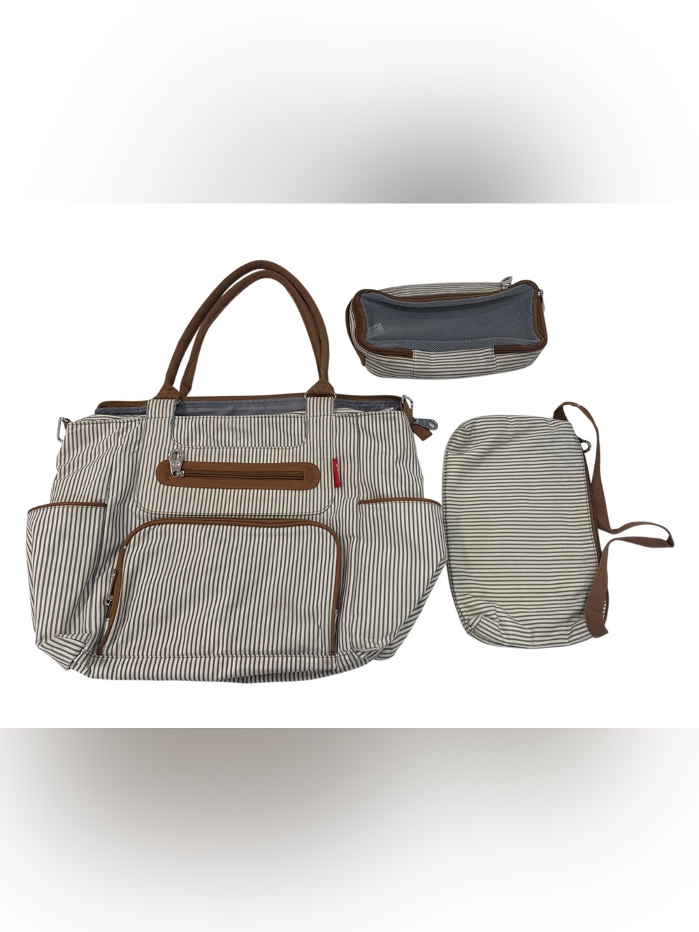 Soho Striped diaper bag Tote Bag Set with insulated Pockets - Brown Trim